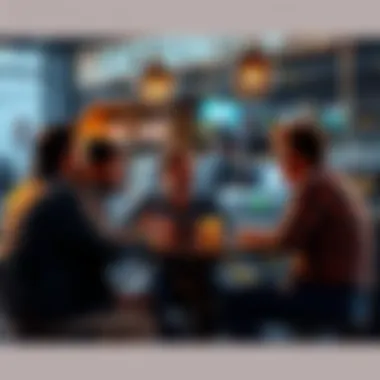 A group of people in a coffee shop sharing ideas about making money with cryptocurrency