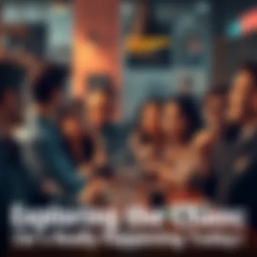 A group of people animatedly discussing news and events in a café, with expressions of concern and curiosity