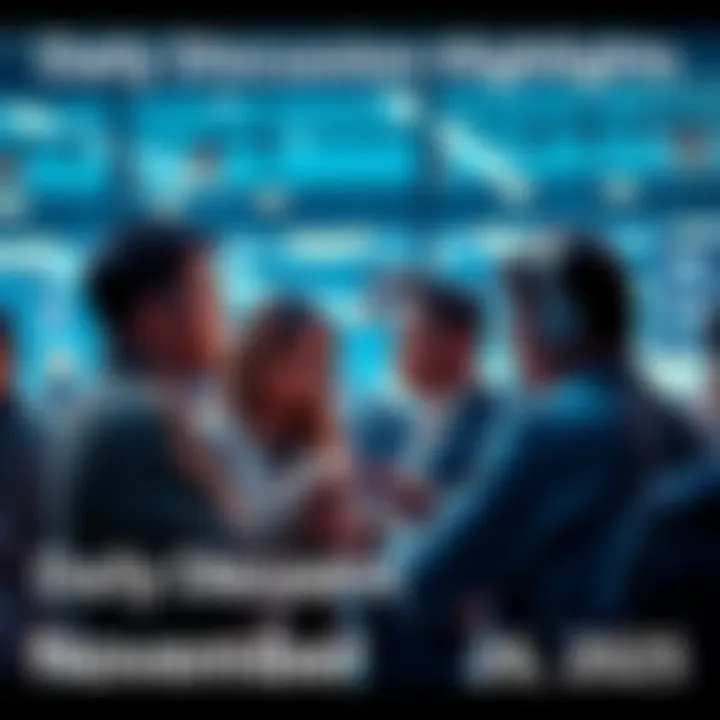 A group of people engaging in a conversation about trading tips and current events while using digital devices.