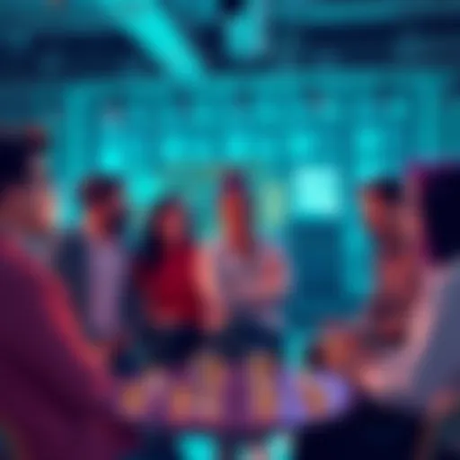 A group of people sharing ideas about decentralized finance platforms like Prophecy Vault in a casual setting.