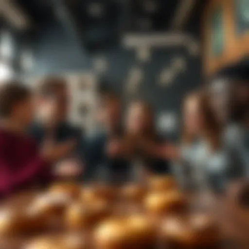 A group of people chatting with donuts on a table in a casual setting