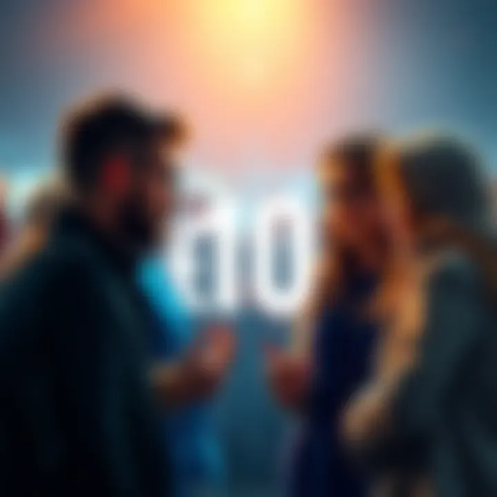 A group of people talking about a small cash reward for inviting others, looking confused and skeptical