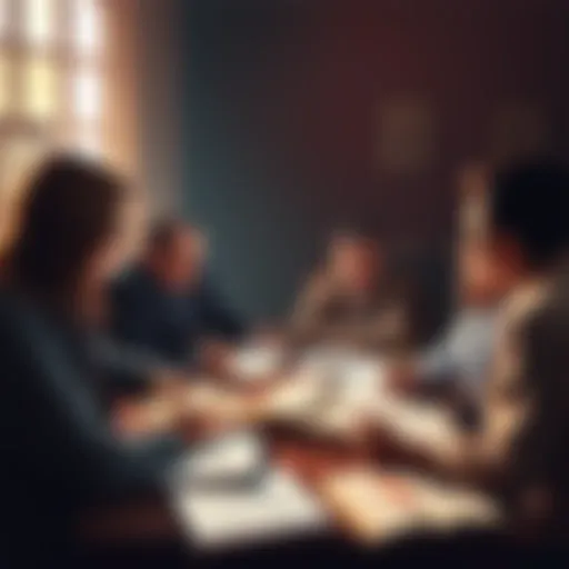 A group of people engaged in a discussion about the themes of Exodus in modern society, with books and notes spread out.
