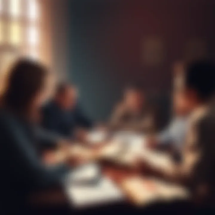 A group of people engaged in a discussion about the themes of Exodus in modern society, with books and notes spread out.