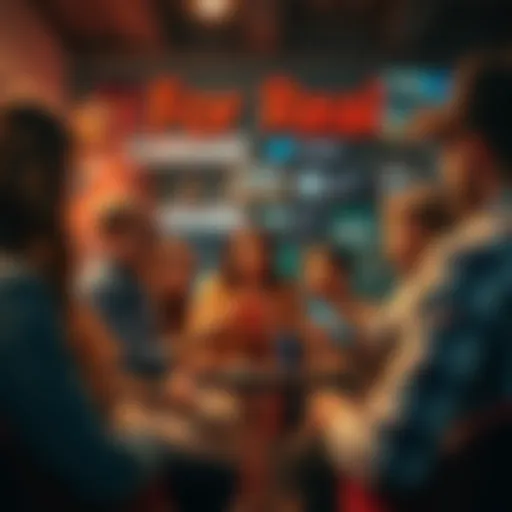 A group of people engaging in a lively discussion about the phrase 'For Real' in a casual setting, with social media posts visible in the background.