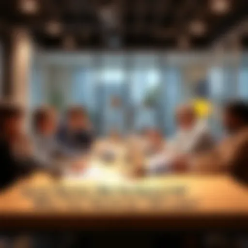 A group of people sharing ideas about earning money and overcoming financial hurdles at a table with papers and laptops