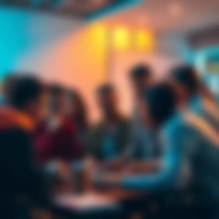 A group of people gathered around a computer, talking and looking confused about a recent update.