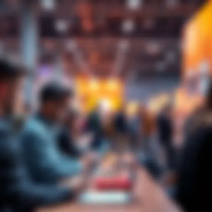 People discussing online A group of people actively engaging in discussions on their devices in a vibrant online forum setting.