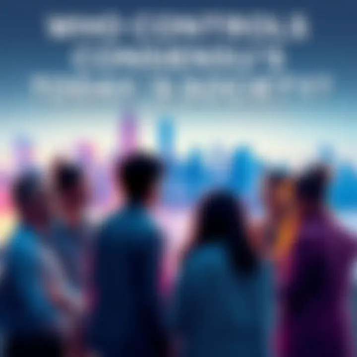 A group of diverse people engaged in a discussion about influence and power in society, with a city skyline in the background.