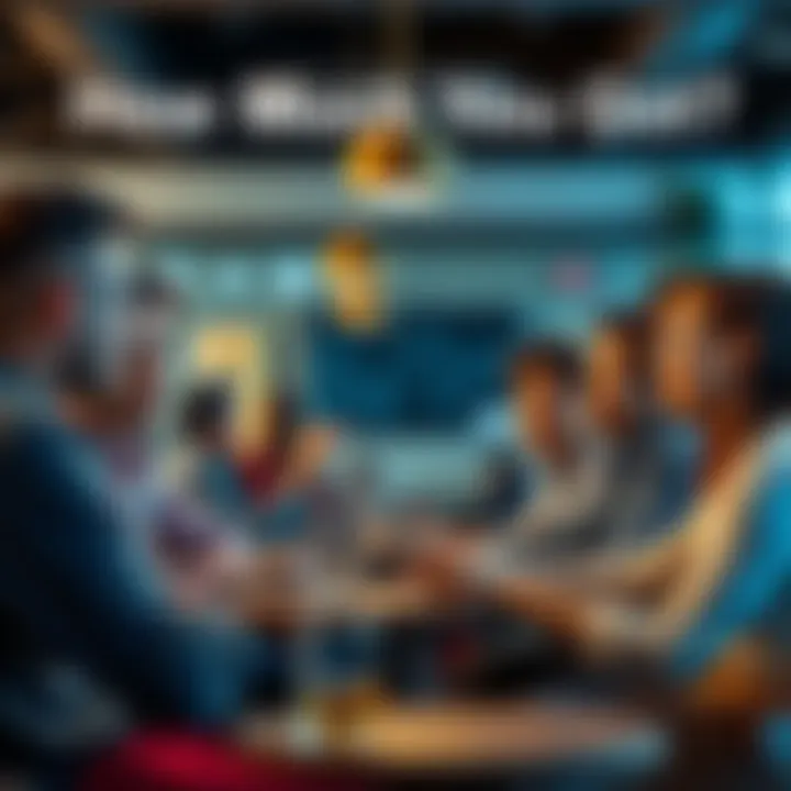 A diverse group of people chatting about their views on wealth and financial status in a cafe setting.