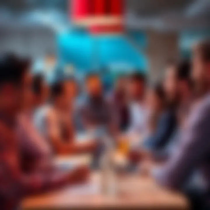 People Engaging in Discussion A group of people gathered around a table, engaged in animated conversation about a trending topic.