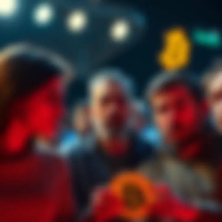 A group of people looking frustrated while discussing Bitcoin, showing signs of disagreement