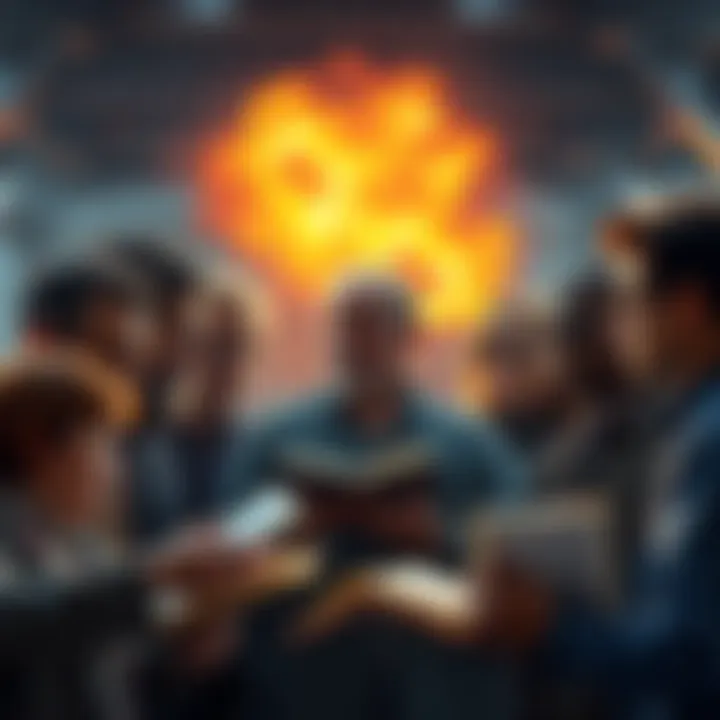 A group of people engaged in a serious conversation about doomsday theories, with concerned expressions and open books around them.