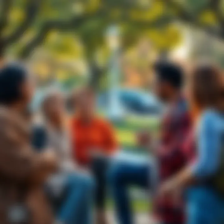 A group of diverse people discussing important societal issues in a park setting