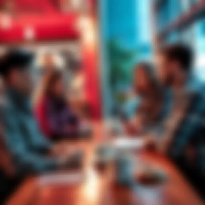 A group of people chatting at a table with coffee and donuts, sharing ideas and making connections.