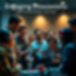 A group of diverse individuals animatedly discussing various topics, showing enthusiasm and interest in conversation.