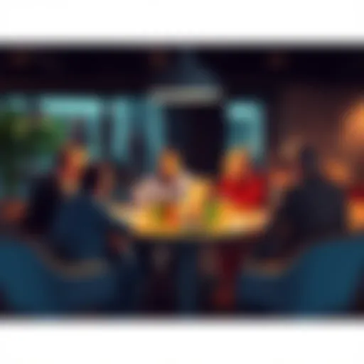 A group of people engaged in a lively discussion at a round table, sharing ideas and participating in conversation.