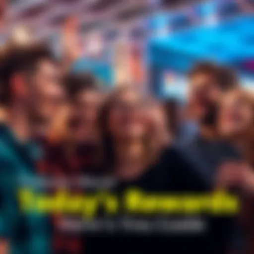 People enjoying rewards A group of people celebrating and sharing their rewards, with smiles and excitement on their faces.