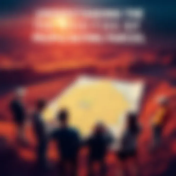 A group of people standing around a map, discussing the purchase of land parcels that form a triangle shape