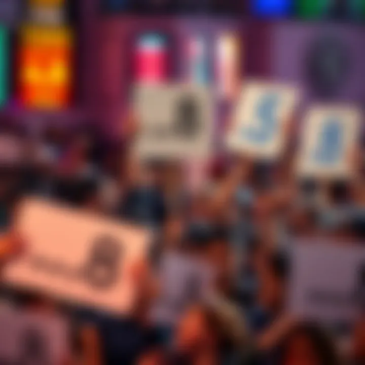 A crowd of enthusiastic people holding signs about the upcoming .8 token launch, showing their excitement and anticipation.
