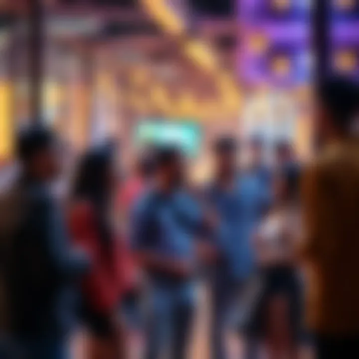 A group of diverse people discussing and engaging in new activities at a trendy location