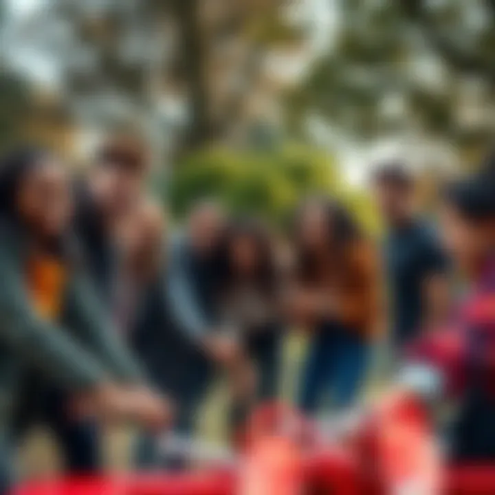 A diverse group of friends smiling and working together in a park, showcasing teamwork and friendship.