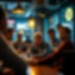 A group of people looking unsure while discussing cryptocurrency at a cafe