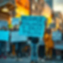 A group of diverse people holding signs that highlight social issues and changes, standing together in a city setting.
