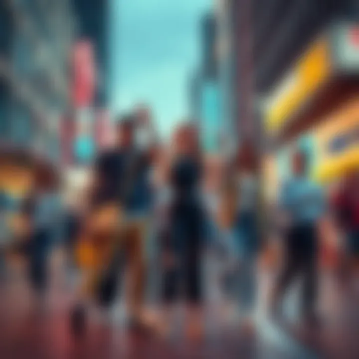 A group of people mimicking each other's actions in a lively urban setting, showcasing various copying behaviors.