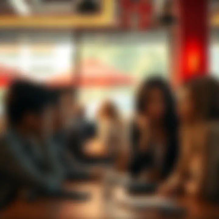 A group of people looking concerned while talking about their struggles and feelings of desperation in a café setting.