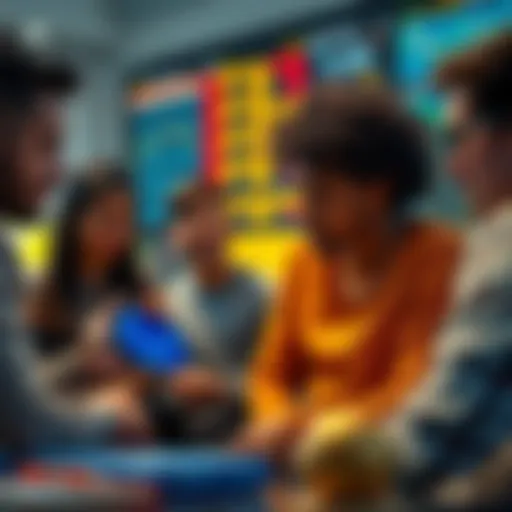 A group of diverse individuals looking at cryptocurrency charts and discussing investments in a casual setting.
