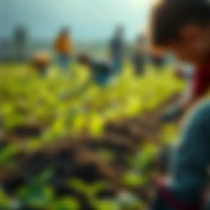 A group of people planting small trees in a green field to fight climate change