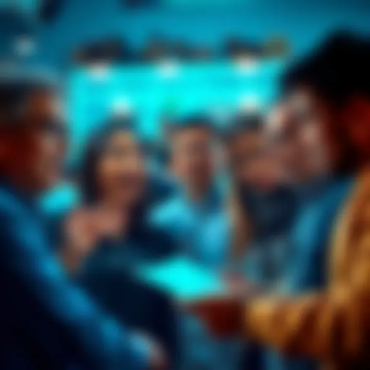 A diverse group of people expressing surprise and discussing news together