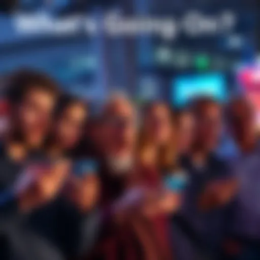 A group of people in shock, looking at their phones and shaking their heads in disbelief at surprising news events