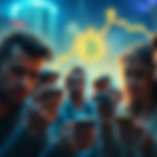 A group of people looking at their phones with expressions of concern and regret about their past Bitcoin sales, set against a backdrop of rising cryptocurrency prices.