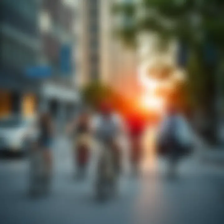 A group of people cycling together on a city street, promoting eco-friendly travel.
