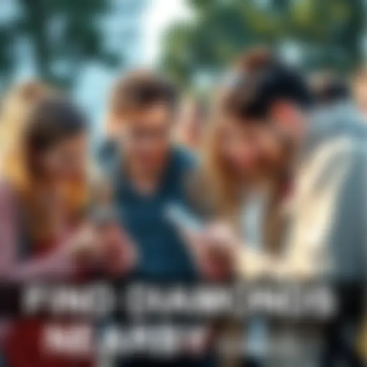 People searching for diamonds Group of people outdoors using a mobile app to find diamonds during a treasure hunt