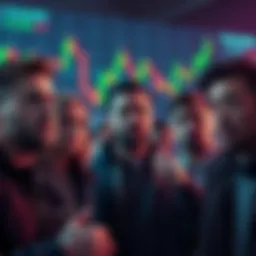 A group of people looking concerned while discussing selling Filecoins, with a digital currency market chart in the background.