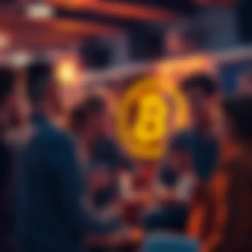 A group of people discussing their experiences with Bitcoin in a casual setting, with one person holding a smartphone showing cryptocurrency data.