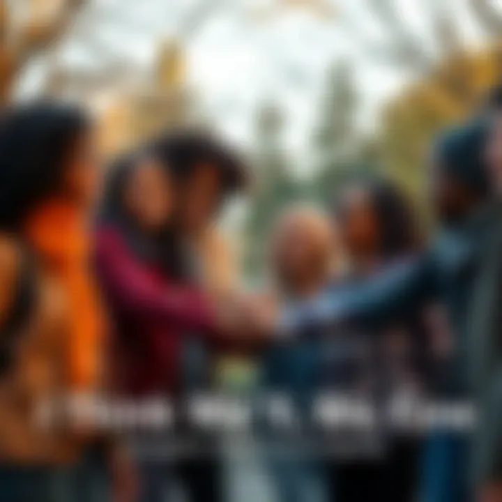 A group of diverse people smiling and holding hands in a park, showing community support and optimism.