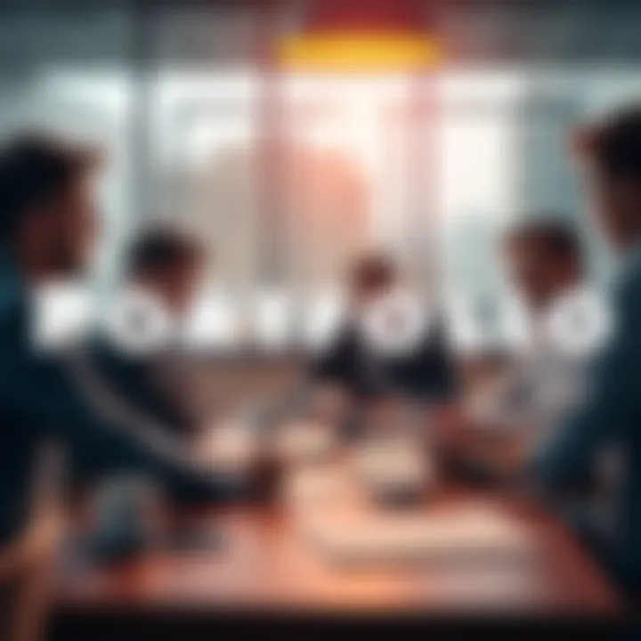 A group of people discussing and reviewing investment portfolios at a table