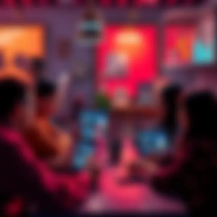 A group of people discussing their experiences with Kaspa around a table, with mobile devices and laptops showing social media posts and forum discussions.