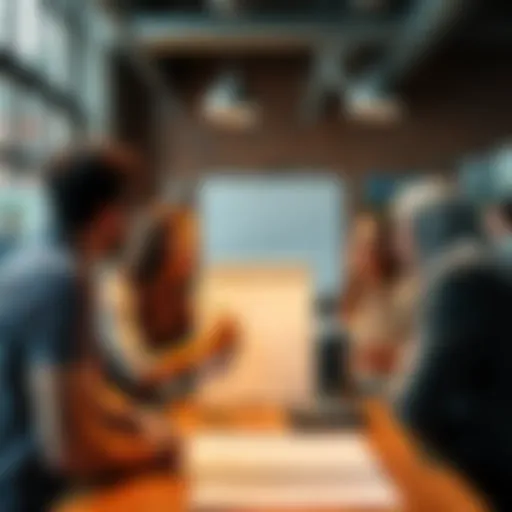 A group of people discussing and writing their ideas on a blank sheet of paper in a casual setting