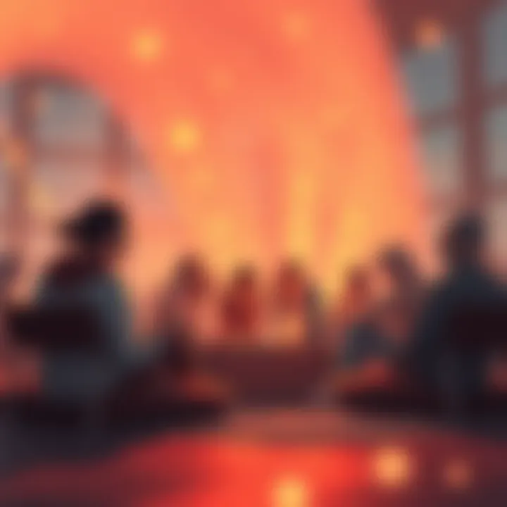 A group of people sitting together, talking about their hopes and dreams for the year 2025, surrounded by a warm, reflective atmosphere.