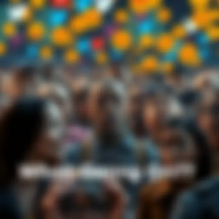 A crowd of diverse people showing various emotions like surprise and sadness, with social media icons in the background