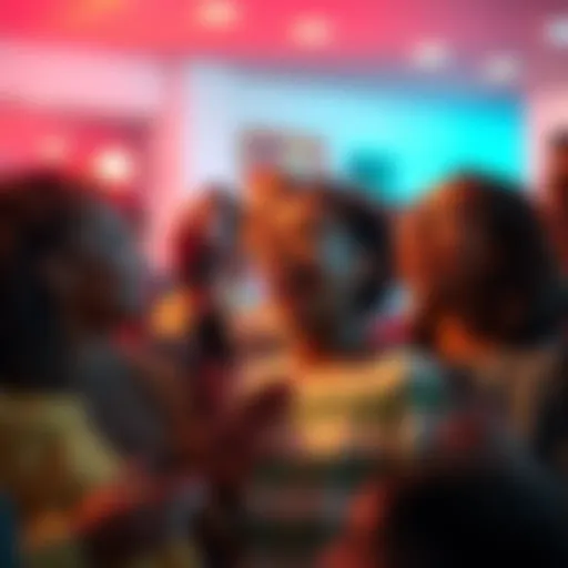 A group of diverse people singing joyfully in a community setting, fostering connection and happiness.