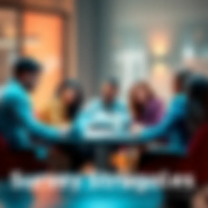 A group of diverse people sitting around a table, discussing survey results with laptops and papers
