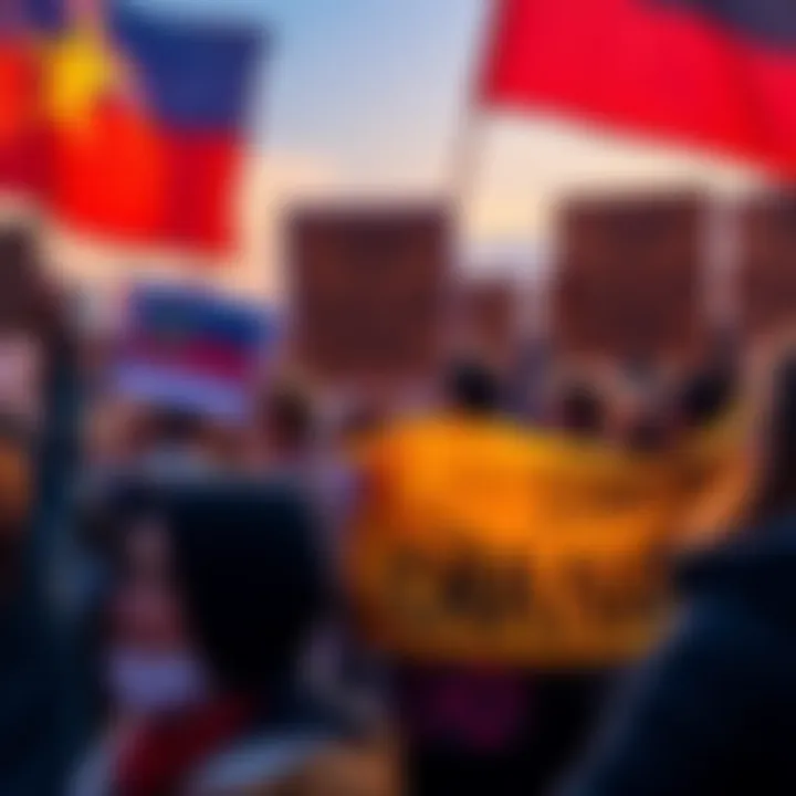 A diverse group of people holding signs and banners, standing together in a show of solidarity for social change.
