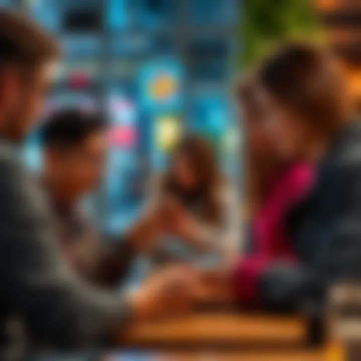 A group of people making transactions with their smartphones at a cafe using cryptocurrency