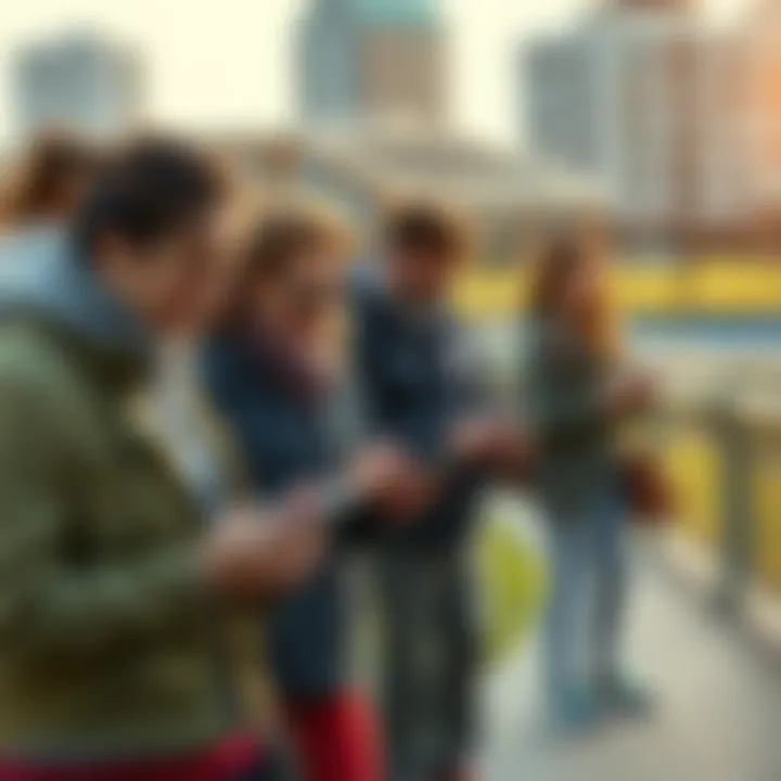 Group of people walking outdoors while checking the Sweatcoin app on their smartphones